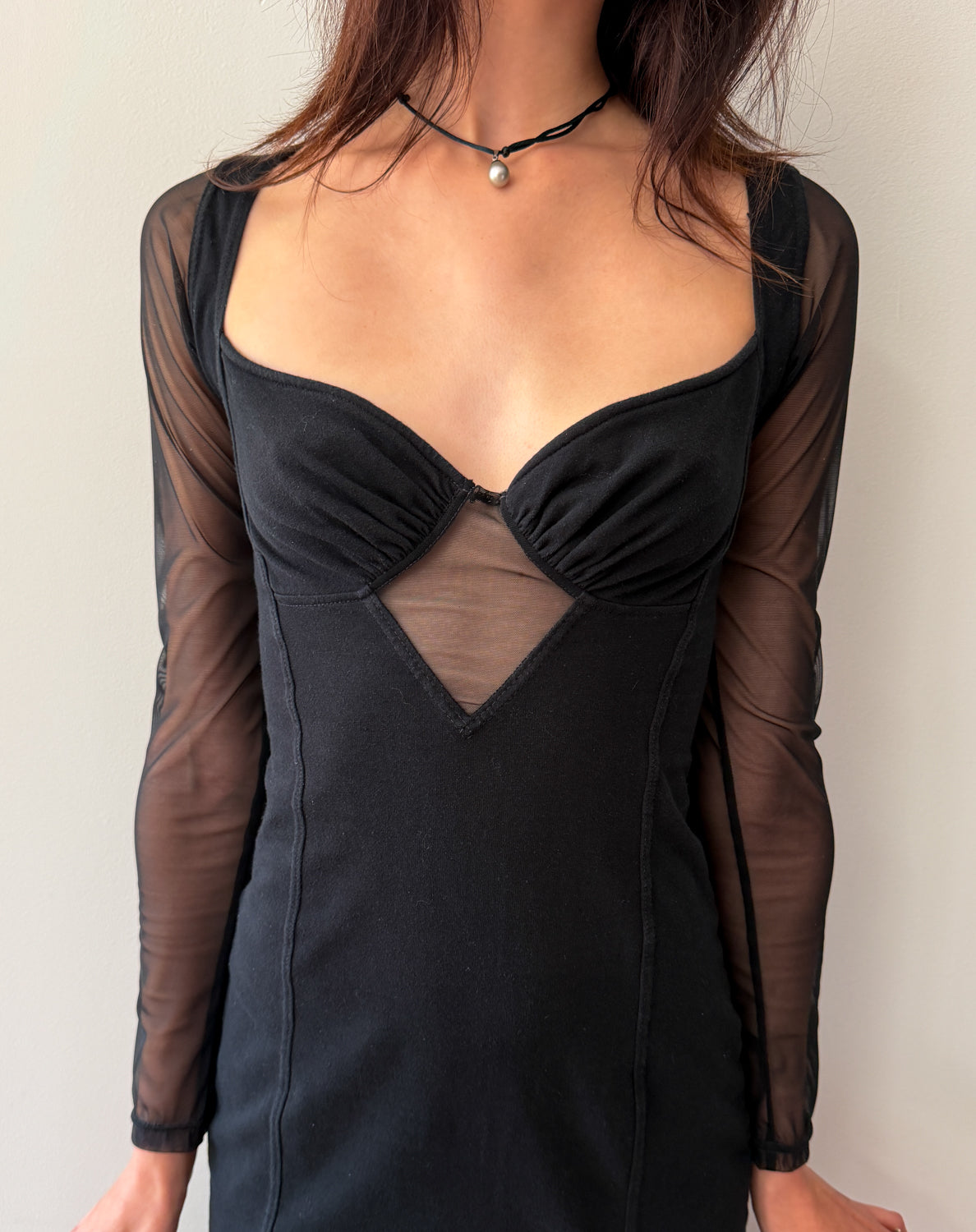 1990s Vintage Black Mesh Cut Out Body-con Maxi Dress