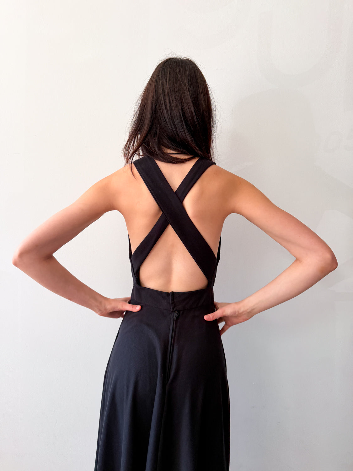 1980s Vintage Handmade Black Criss Cross Back Day Dress