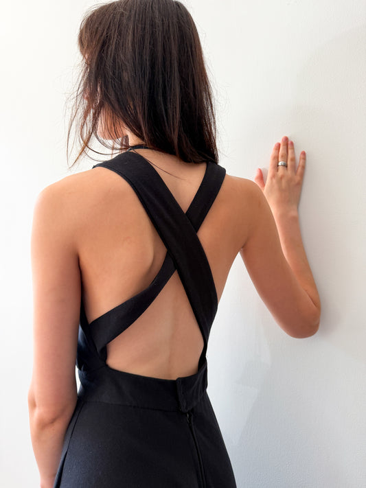 1980s Vintage Handmade Black Criss Cross Back Day Dress