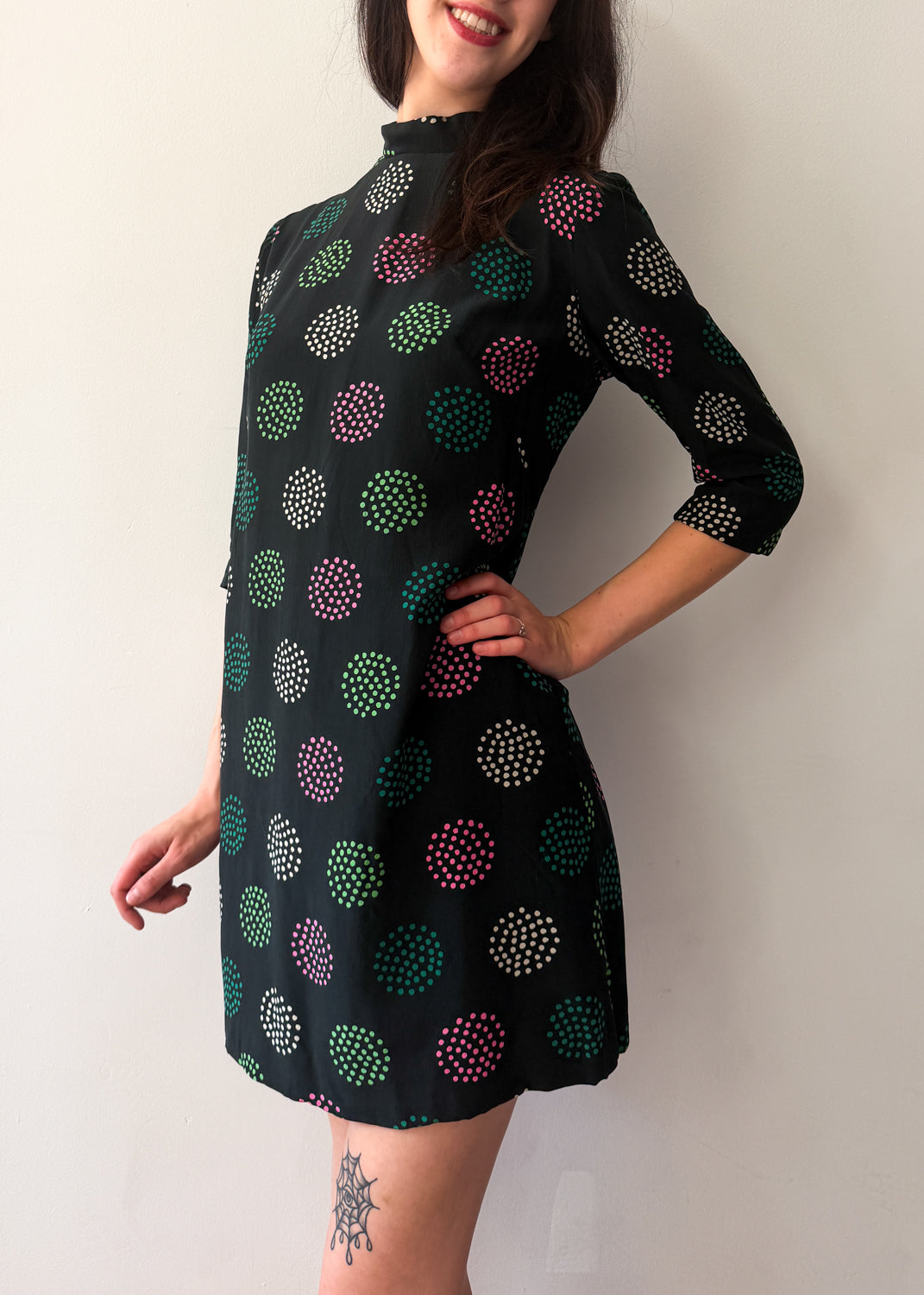 1960s Vintage Green and Pink Polka Dot Mini Dress