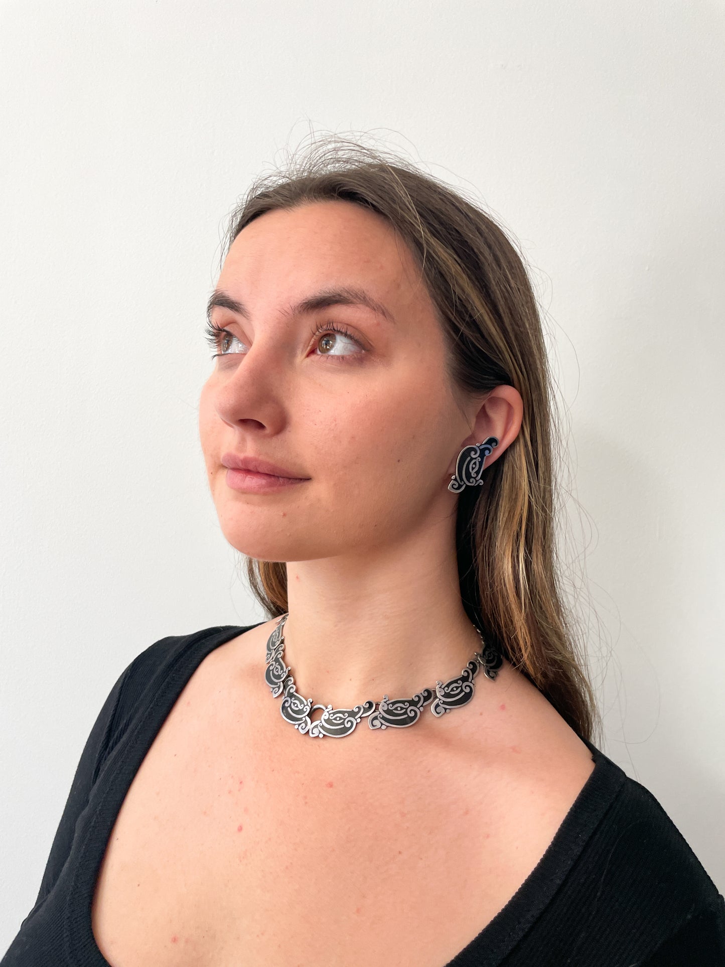 1950s Vintage Margot de Taxco Linear Serpent #5109 Enamel and Sterling 3 Piece Jewelry Set