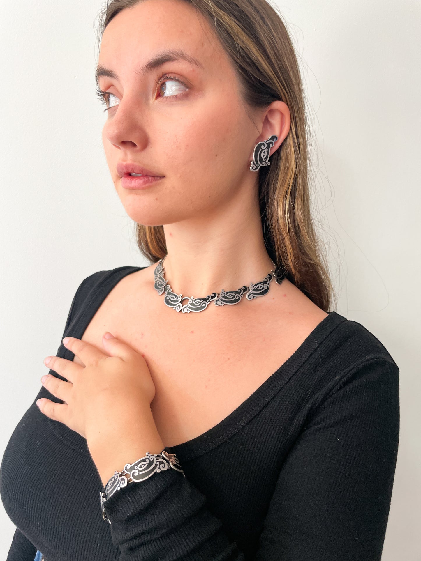 1950s Vintage Margot de Taxco Linear Serpent #5109 Enamel and Sterling 3 Piece Jewelry Set