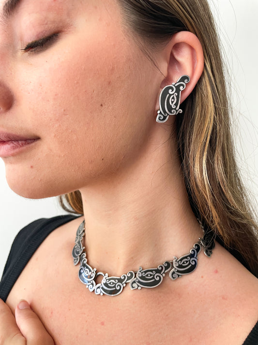 1950s Vintage Margot de Taxco Linear Serpent #5109 Enamel and Sterling 3 Piece Jewelry Set