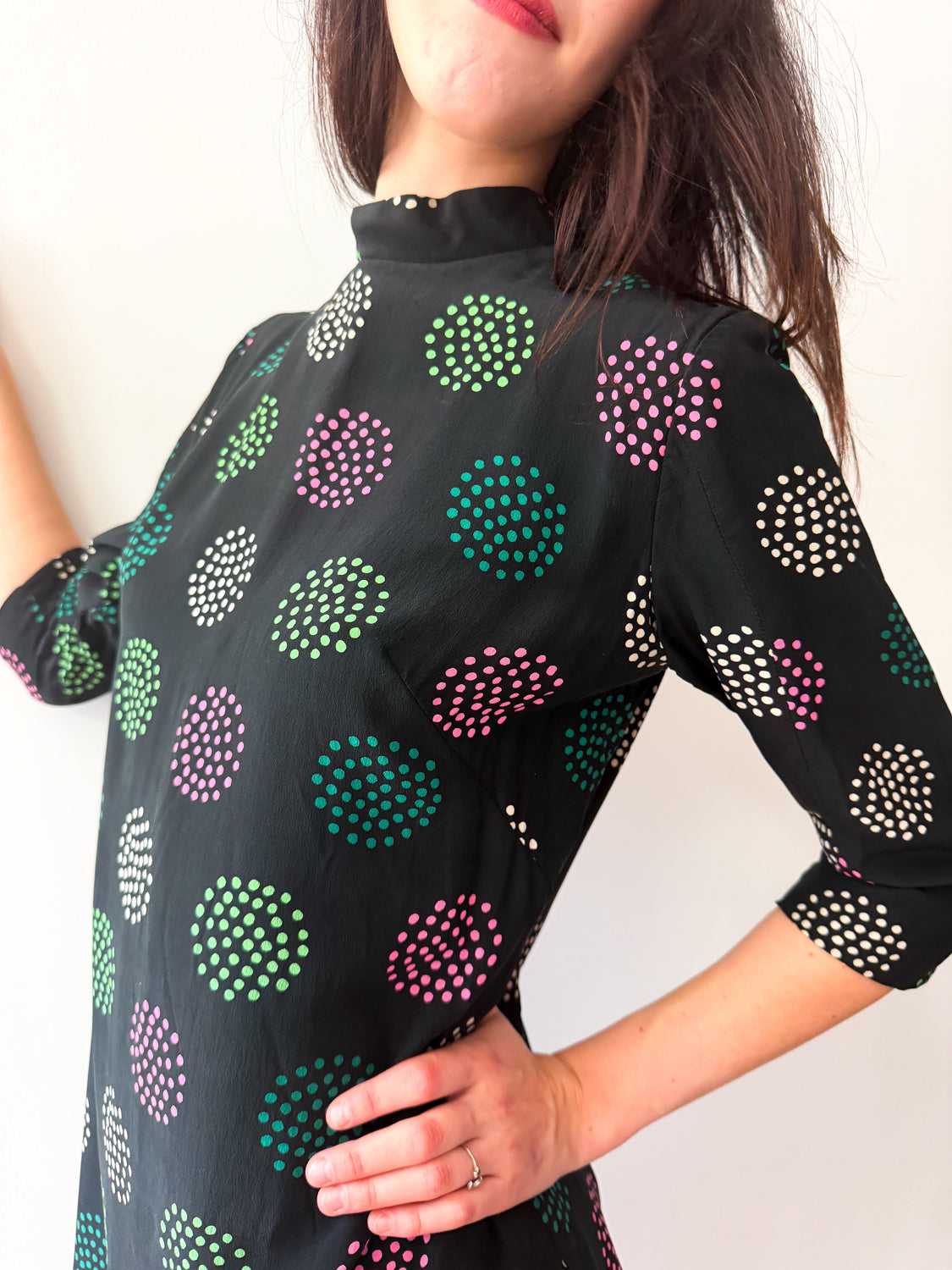 1960s Vintage Green and Pink Polka Dot Mini Dress