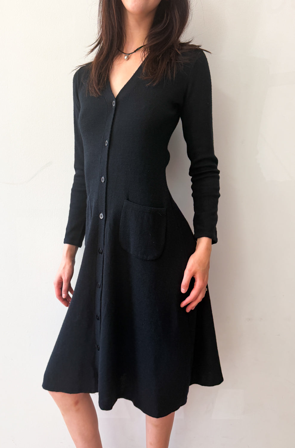 1970s Vintage Clovis Ruffin "Ruffinknit" Black Wool Blend Button Down Dress