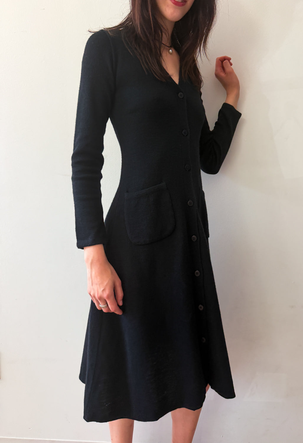 1970s Vintage Clovis Ruffin "Ruffinknit" Black Wool Blend Button Down Dress