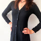 1970s Vintage Clovis Ruffin "Ruffinknit" Black Wool Blend Button Down Dress