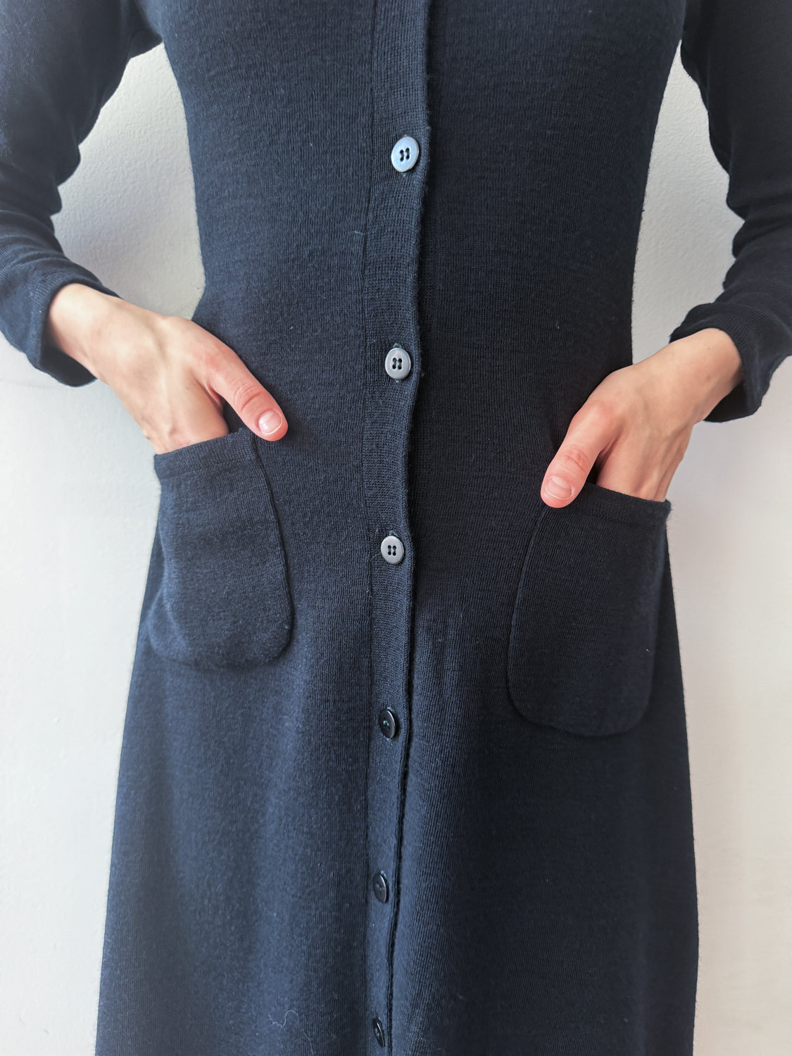 1970s Vintage Clovis Ruffin "Ruffinknit" Black Wool Blend Button Down Dress