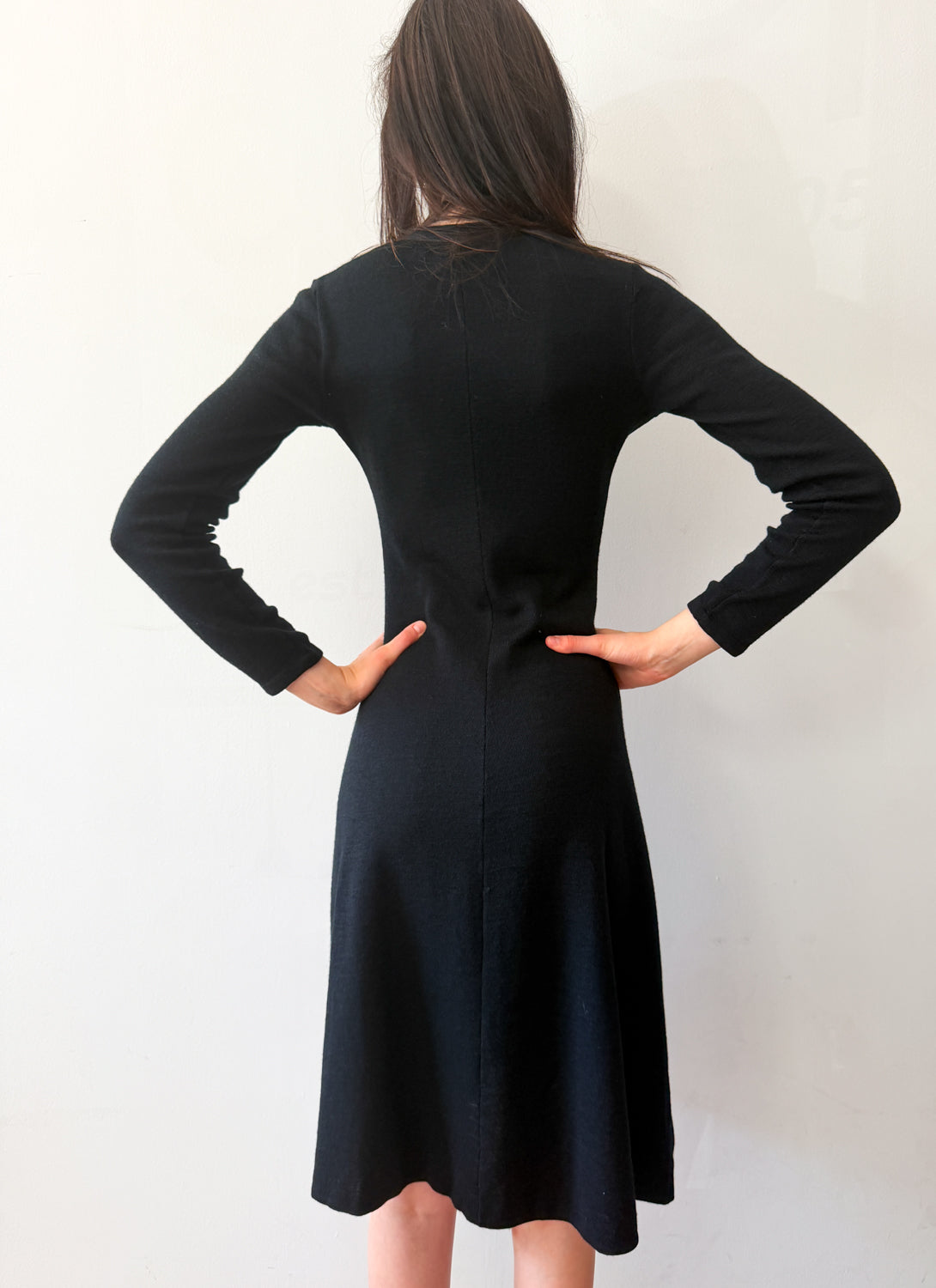 1970s Vintage Clovis Ruffin "Ruffinknit" Black Wool Blend Button Down Dress