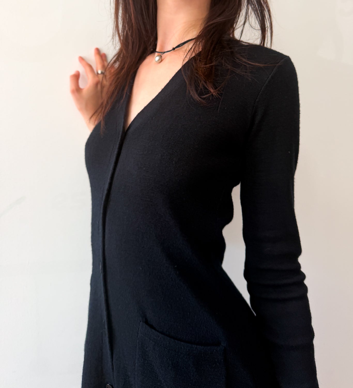 1970s Vintage Clovis Ruffin "Ruffinknit" Black Wool Blend Button Down Dress