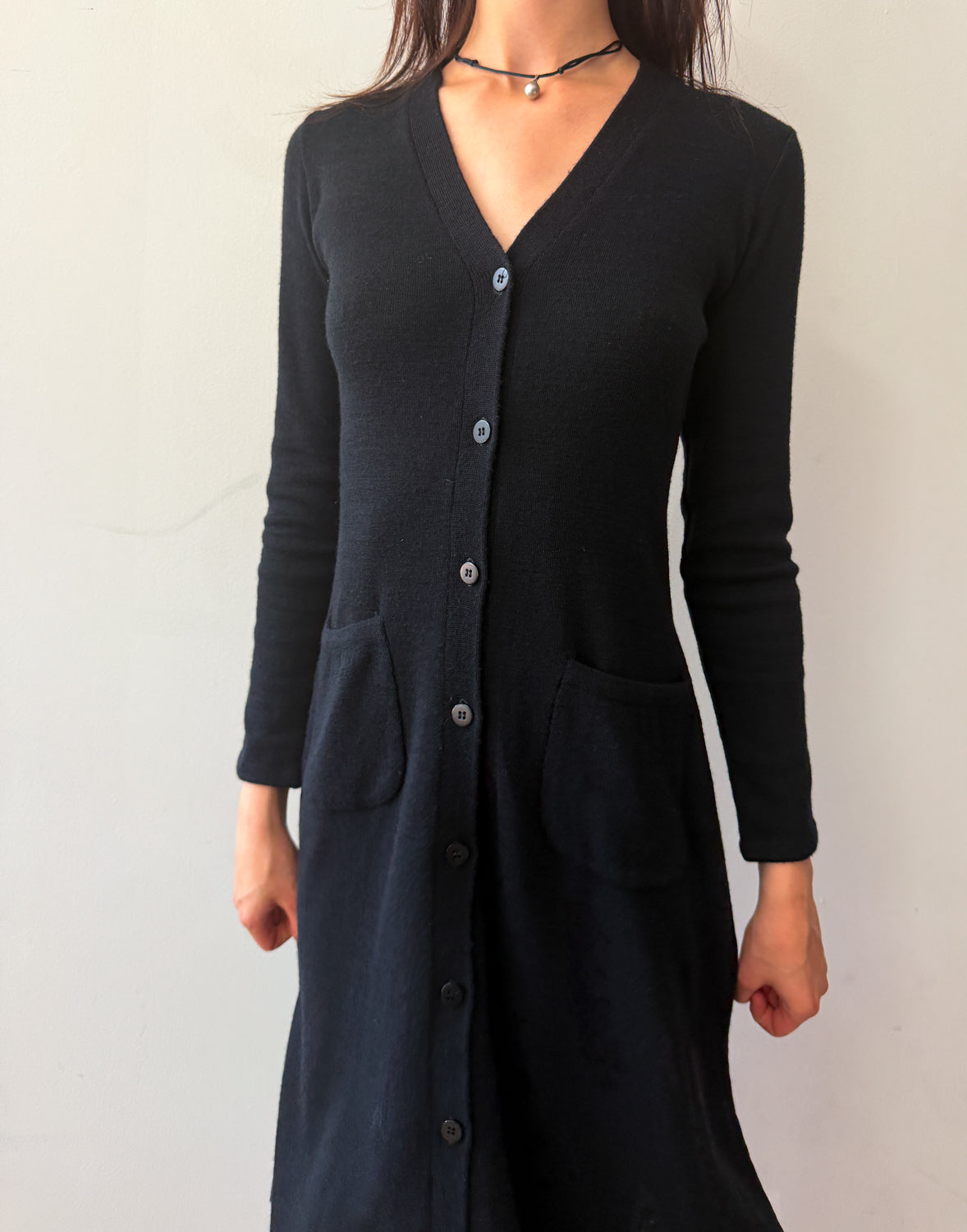1970s Vintage Clovis Ruffin "Ruffinknit" Black Wool Blend Button Down Dress