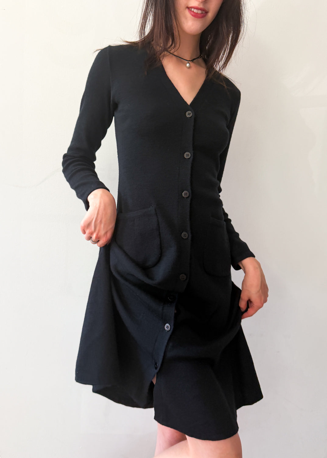 1970s Vintage Clovis Ruffin "Ruffinknit" Black Wool Blend Button Down Dress
