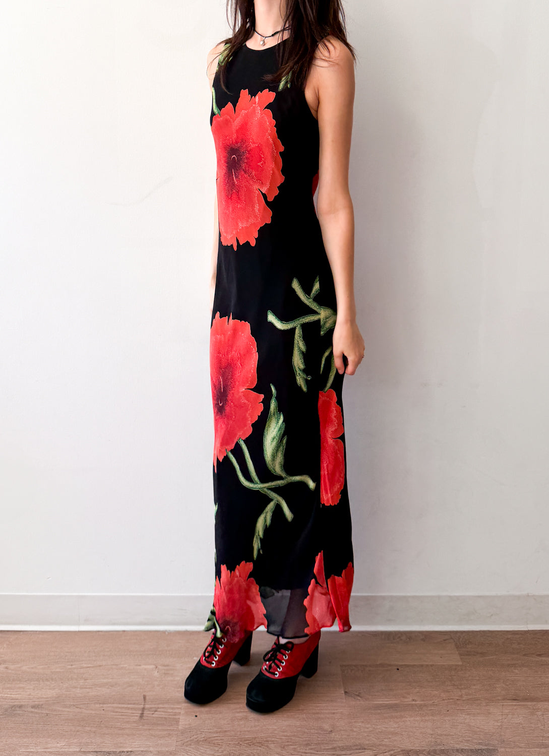 1990s Vintage Bias Cut Giant Floral Blooms Black Maxi Dress by Nostalgia