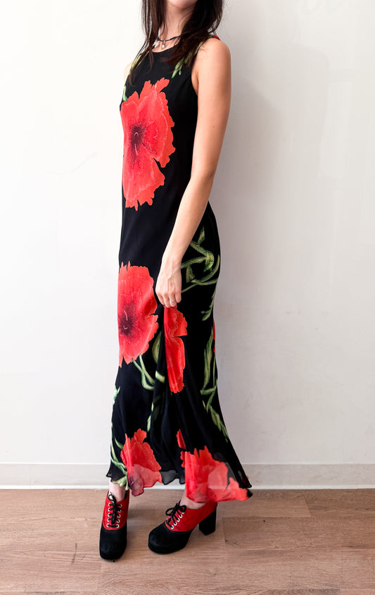 1990s Vintage Bias Cut Giant Floral Blooms Black Maxi Dress by Nostalgia