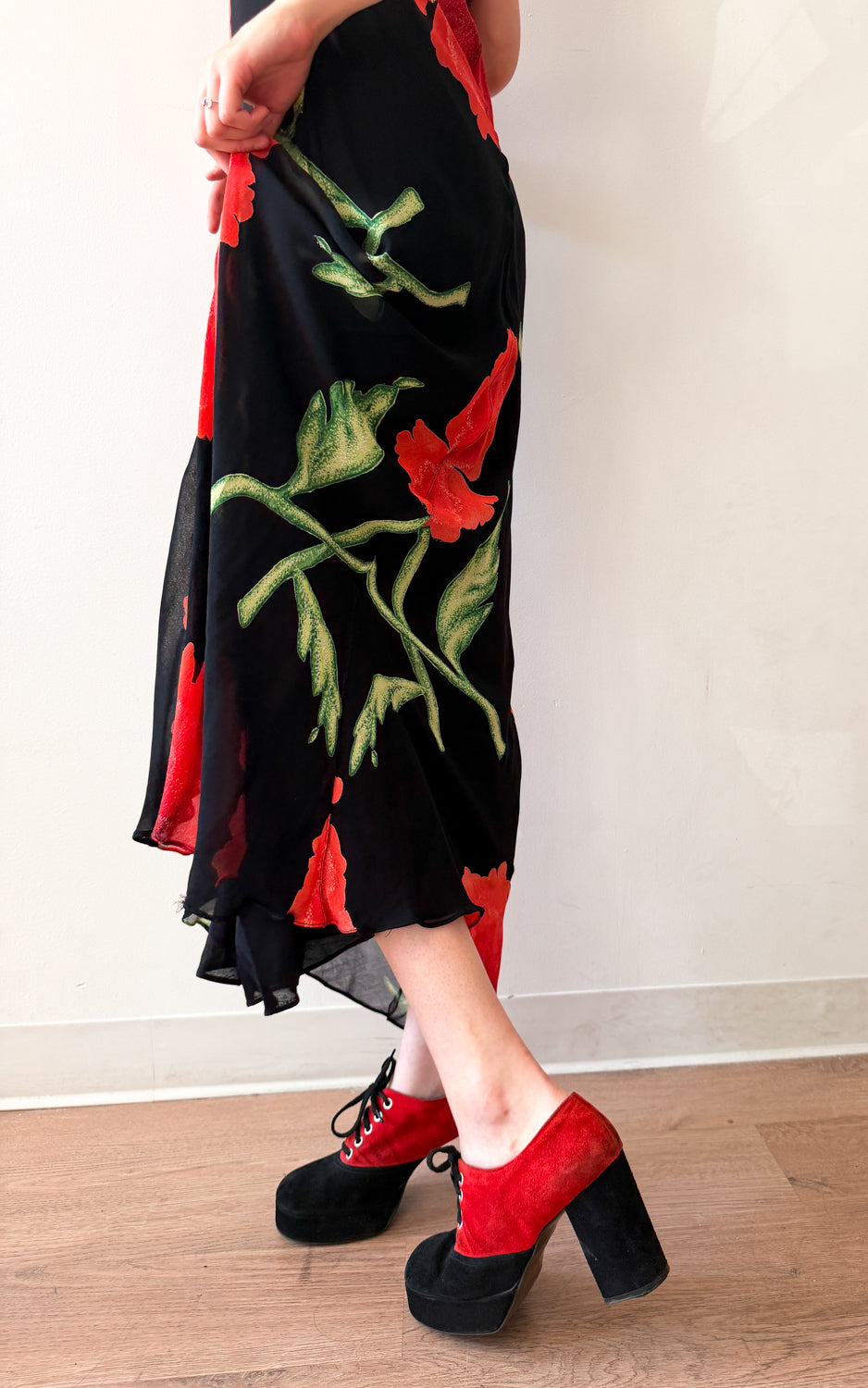1990s Vintage Bias Cut Giant Floral Blooms Black Maxi Dress by Nostalgia