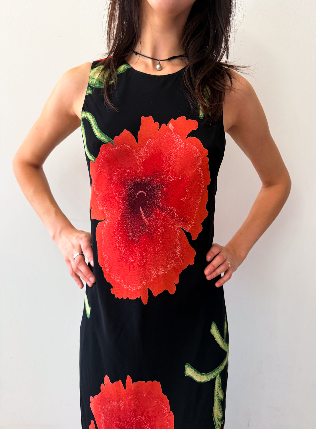1990s Vintage Bias Cut Giant Floral Blooms Black Maxi Dress by Nostalgia