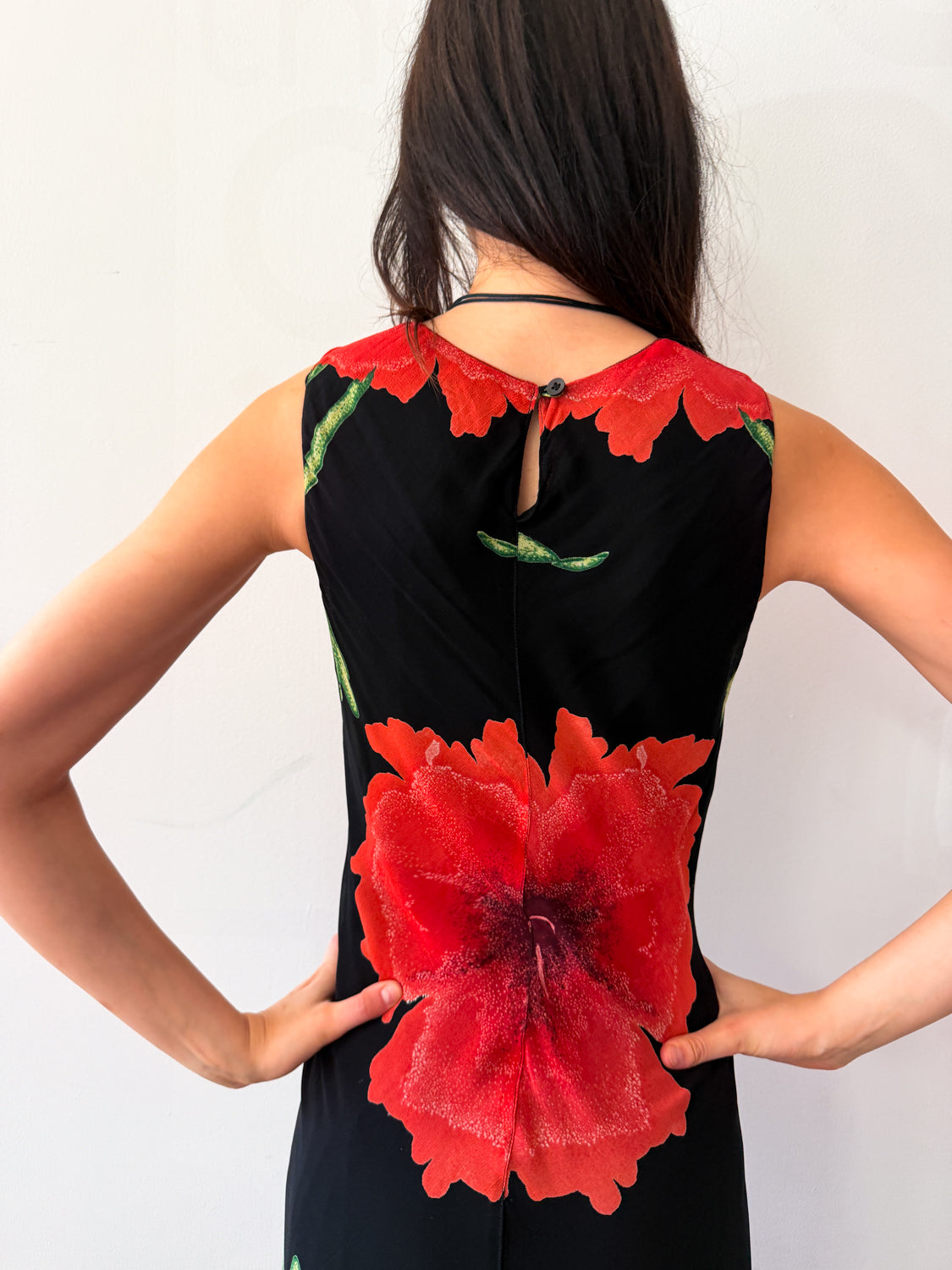 1990s Vintage Bias Cut Giant Floral Blooms Black Maxi Dress by Nostalgia