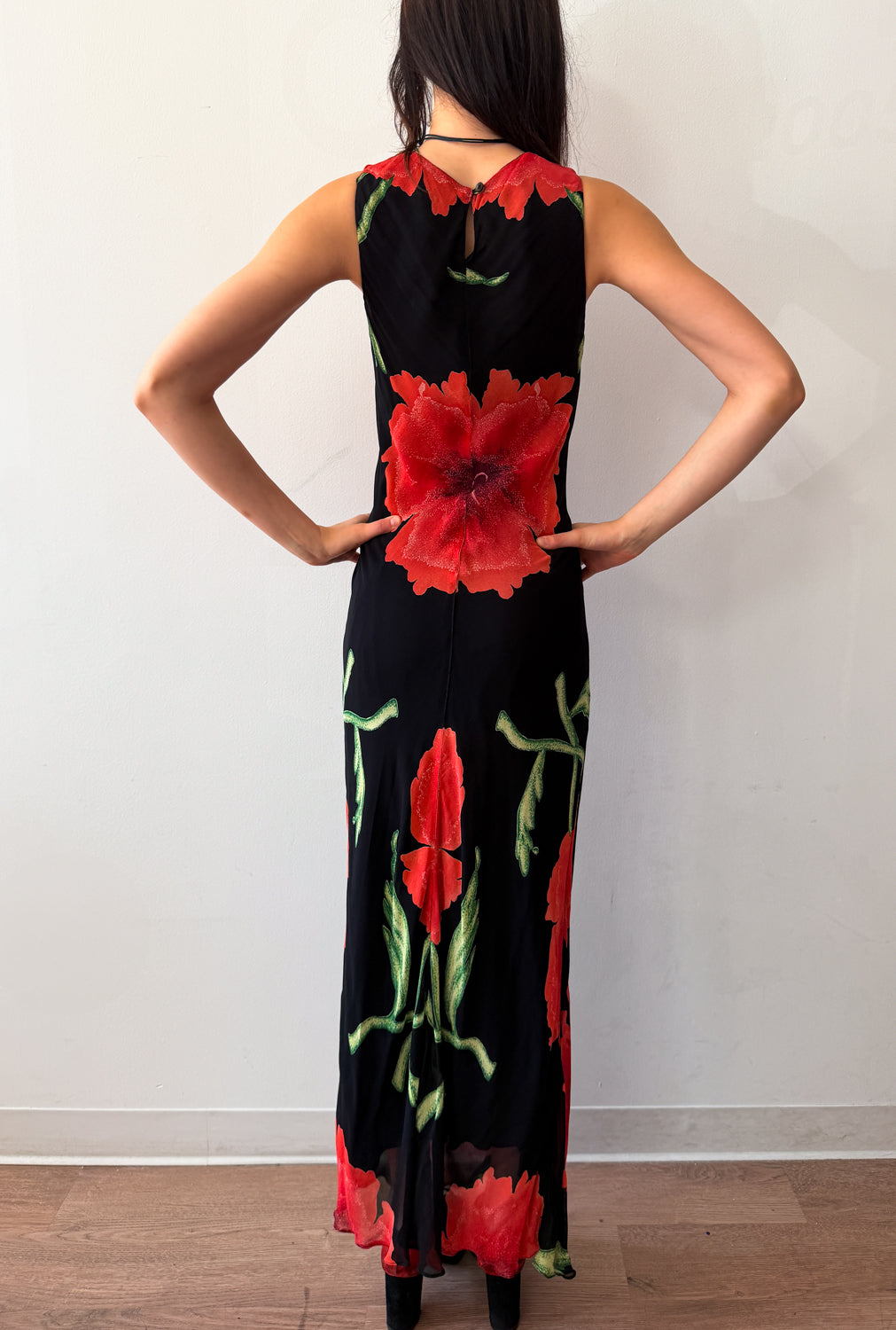 1990s Vintage Bias Cut Giant Floral Blooms Black Maxi Dress by Nostalgia