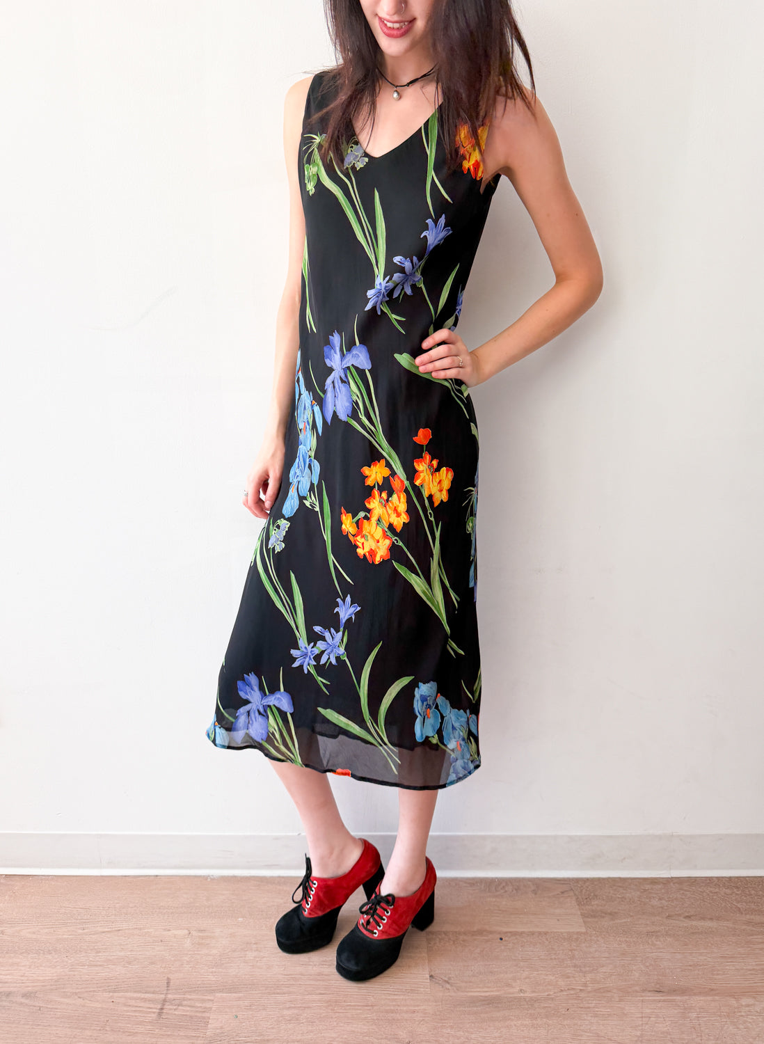 1990s Vintage Black Floral Maxi Dress by Tessuto