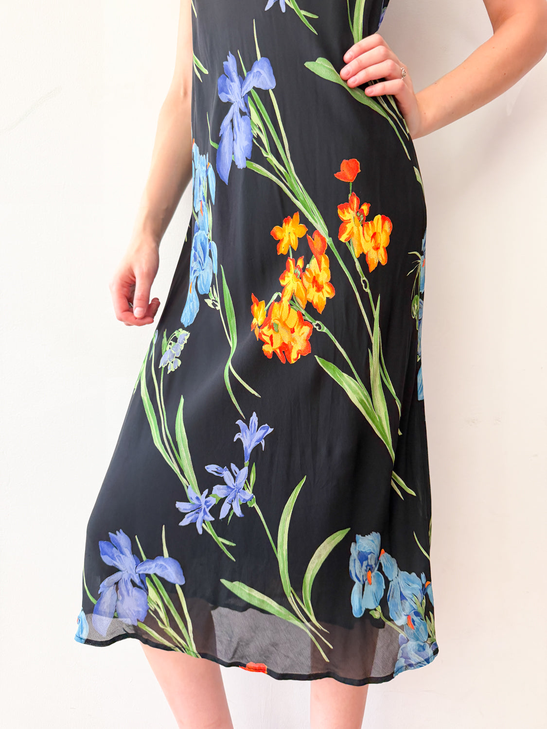 1990s Vintage Black Floral Maxi Dress by Tessuto