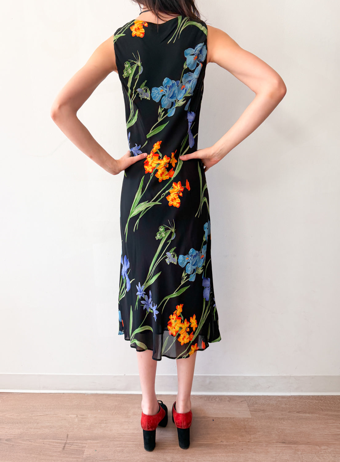 1990s Vintage Black Floral Maxi Dress by Tessuto