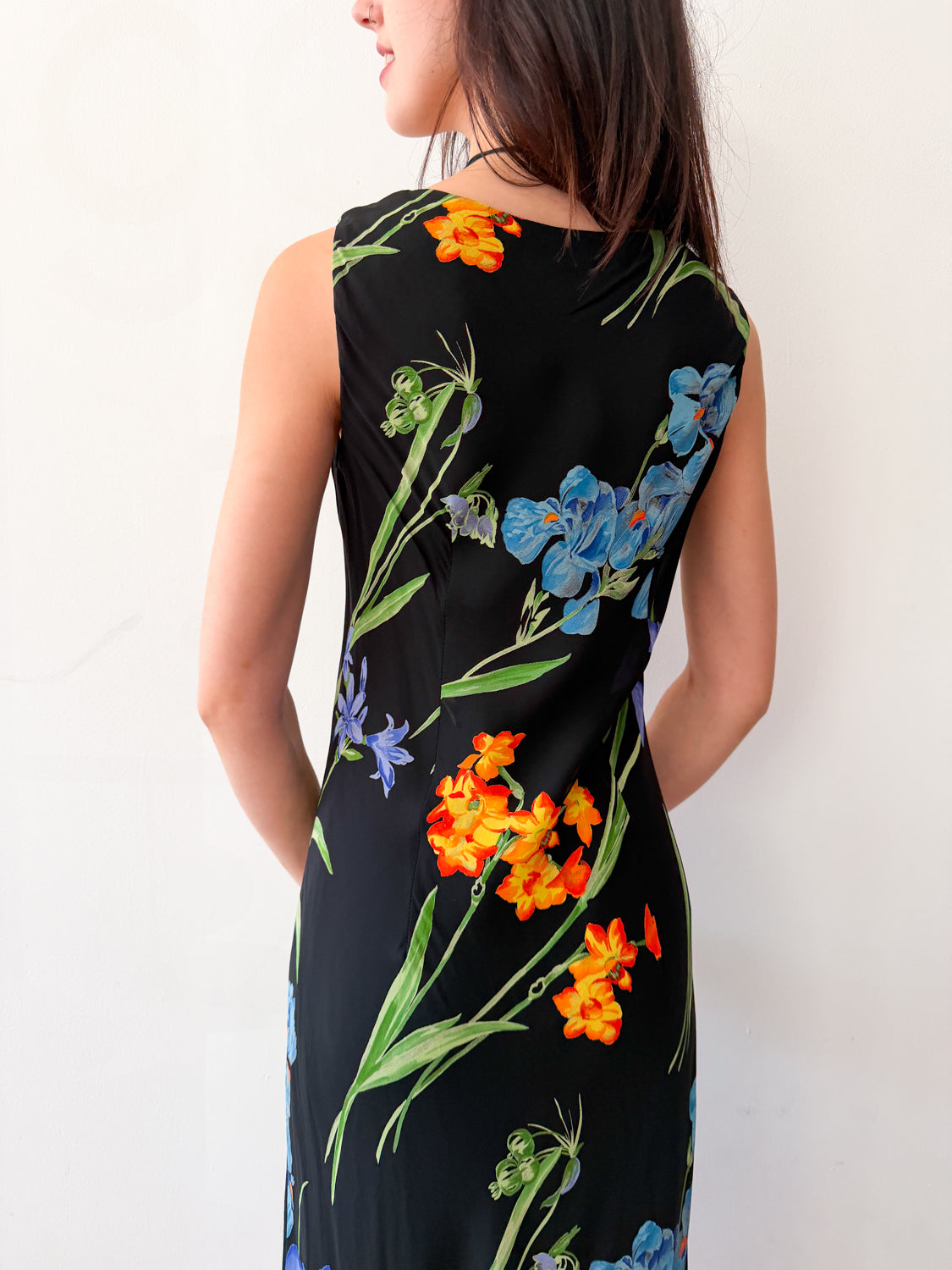 1990s Vintage Black Floral Maxi Dress by Tessuto