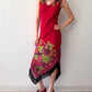 1990s Vintage USA Made Red Floral Beaded Fringe Maxi Gown