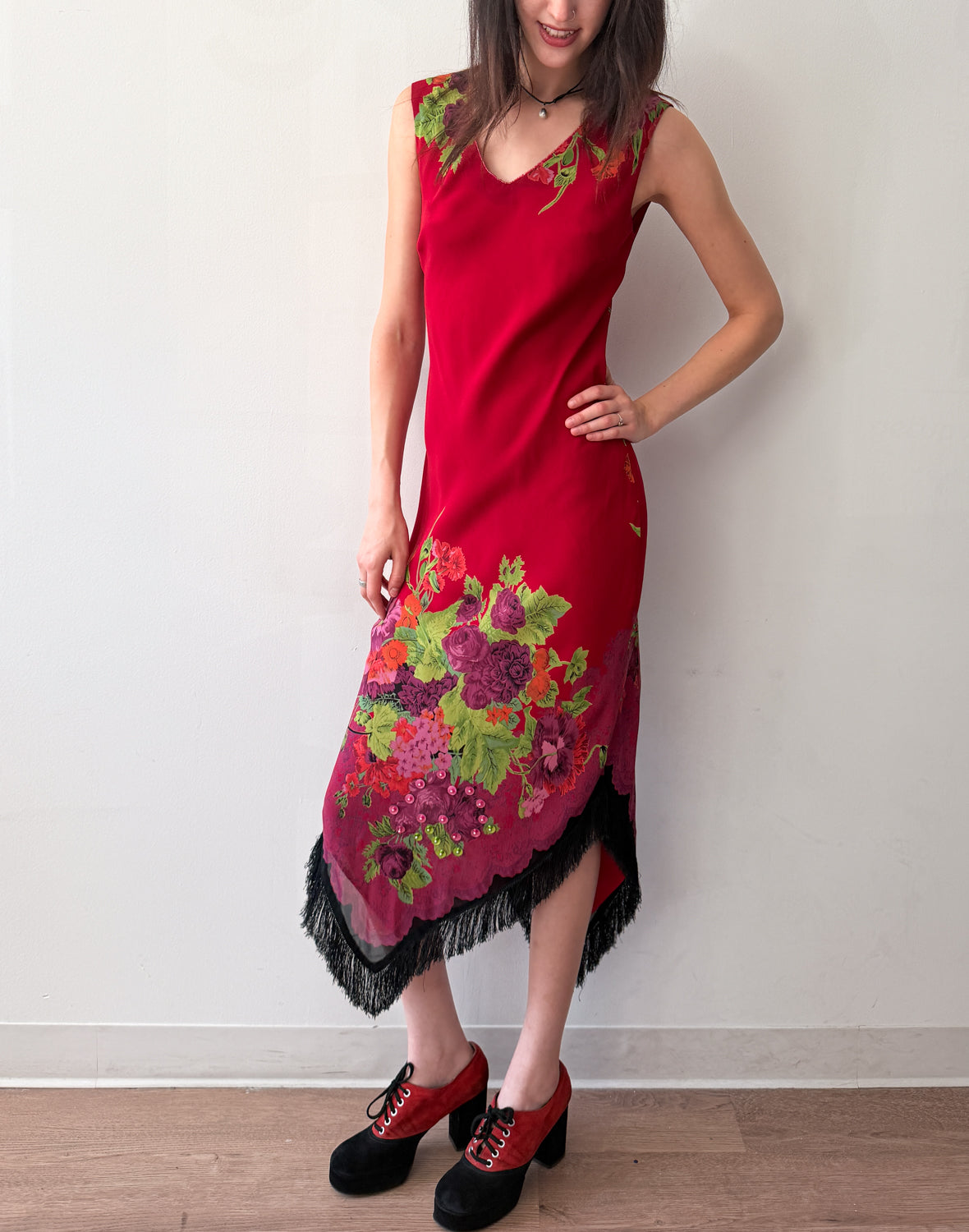 1990s Vintage USA Made Red Floral Beaded Fringe Maxi Gown