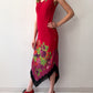 1990s Vintage USA Made Red Floral Beaded Fringe Maxi Gown