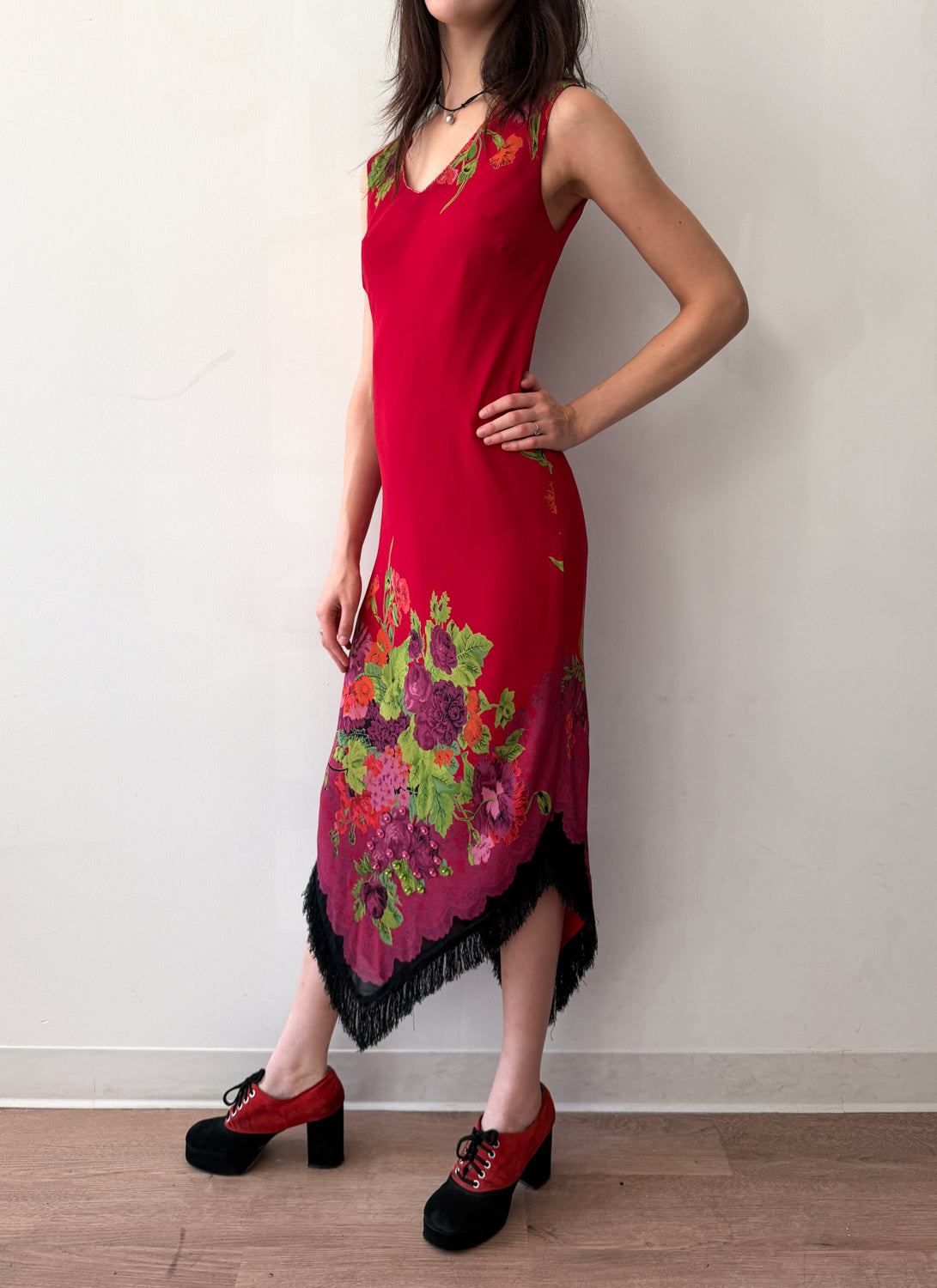 1990s Vintage USA Made Red Floral Beaded Fringe Maxi Gown