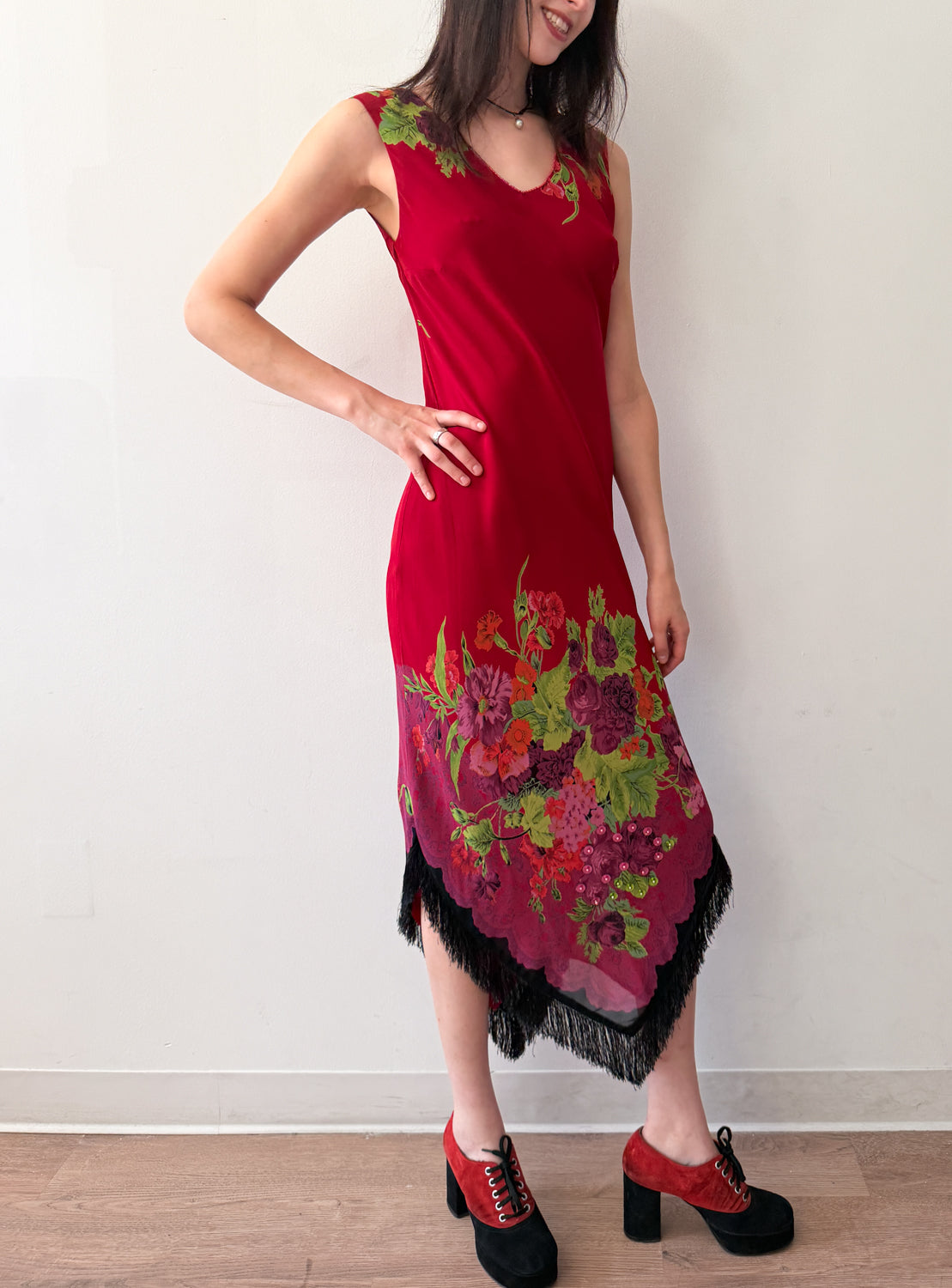 1990s Vintage USA Made Red Floral Beaded Fringe Maxi Gown