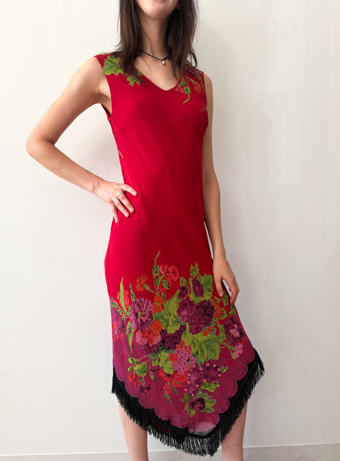 1990s Vintage USA Made Red Floral Beaded Fringe Maxi Gown