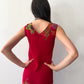 1990s Vintage USA Made Red Floral Beaded Fringe Maxi Gown