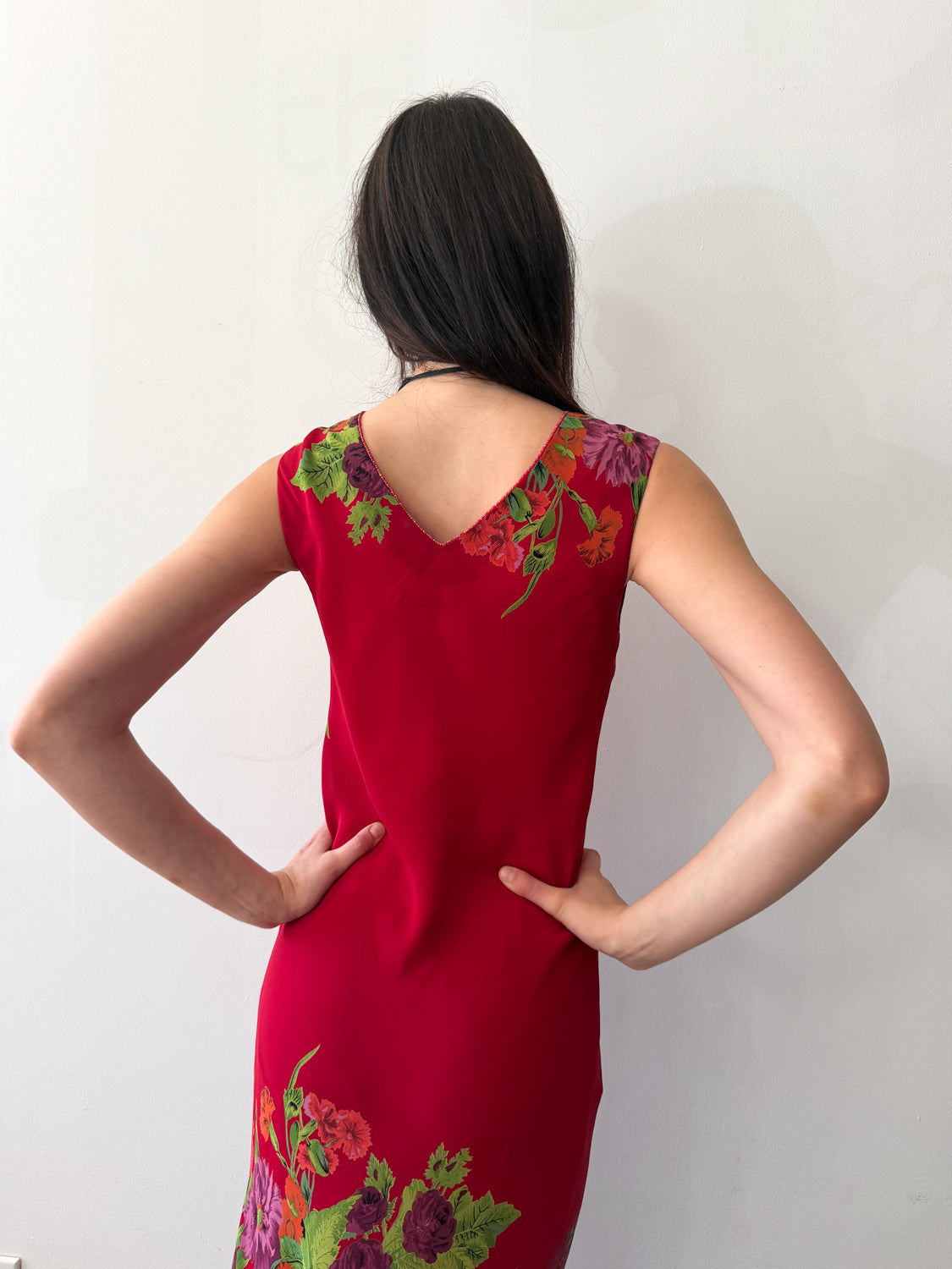 1990s Vintage USA Made Red Floral Beaded Fringe Maxi Gown