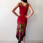 1990s Vintage USA Made Red Floral Beaded Fringe Maxi Gown