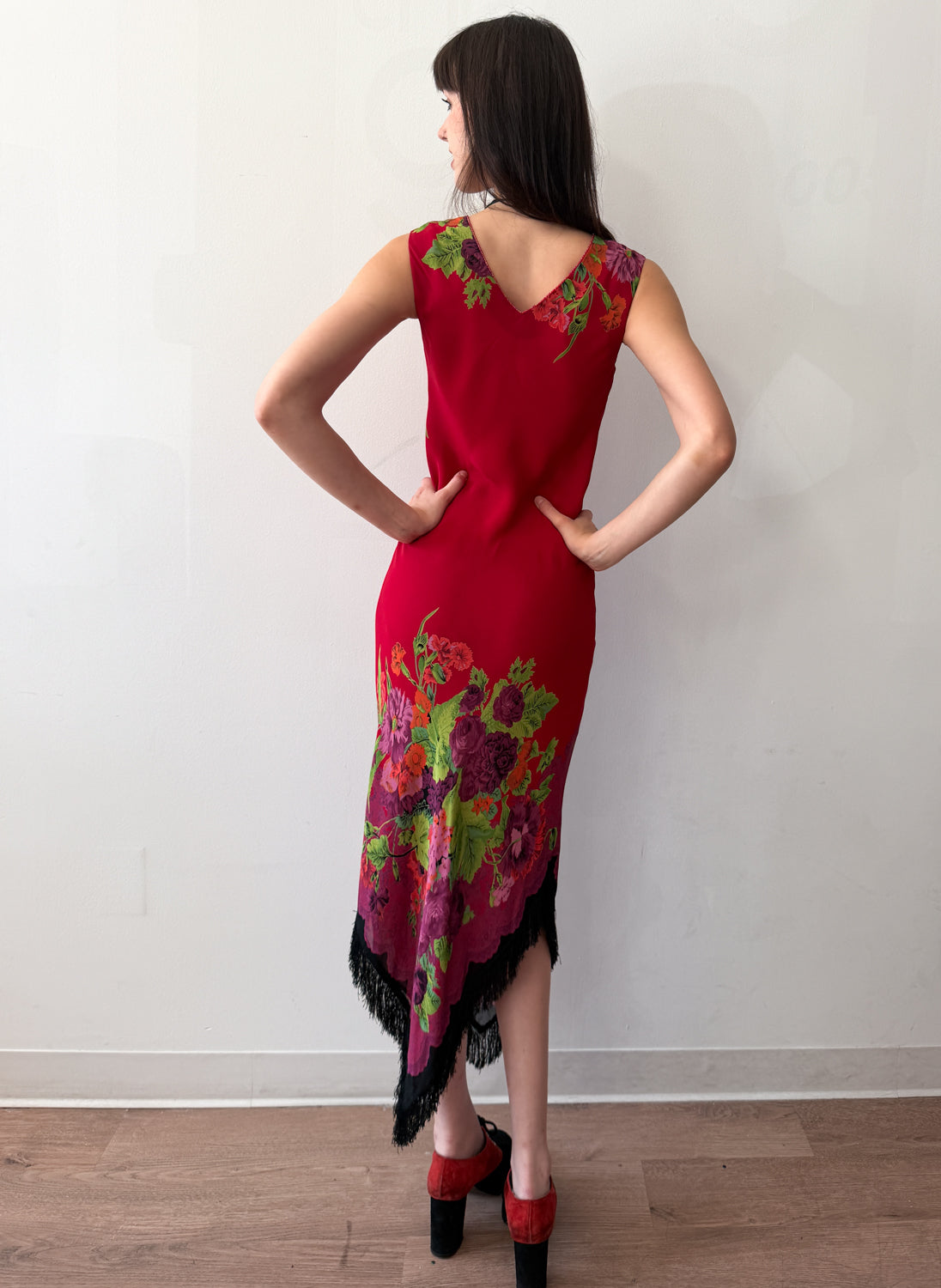 1990s Vintage USA Made Red Floral Beaded Fringe Maxi Gown