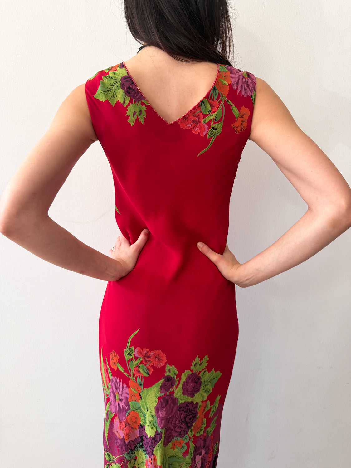 1990s Vintage USA Made Red Floral Beaded Fringe Maxi Gown