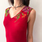 1990s Vintage USA Made Red Floral Beaded Fringe Maxi Gown