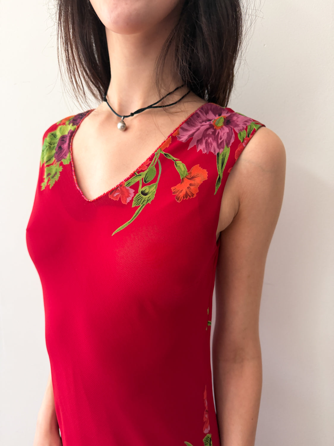 1990s Vintage USA Made Red Floral Beaded Fringe Maxi Gown