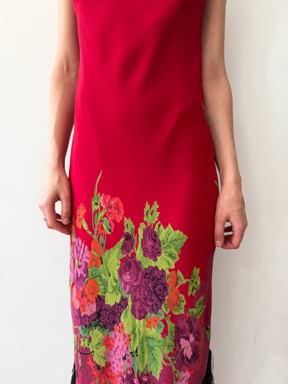 1990s Vintage USA Made Red Floral Beaded Fringe Maxi Gown