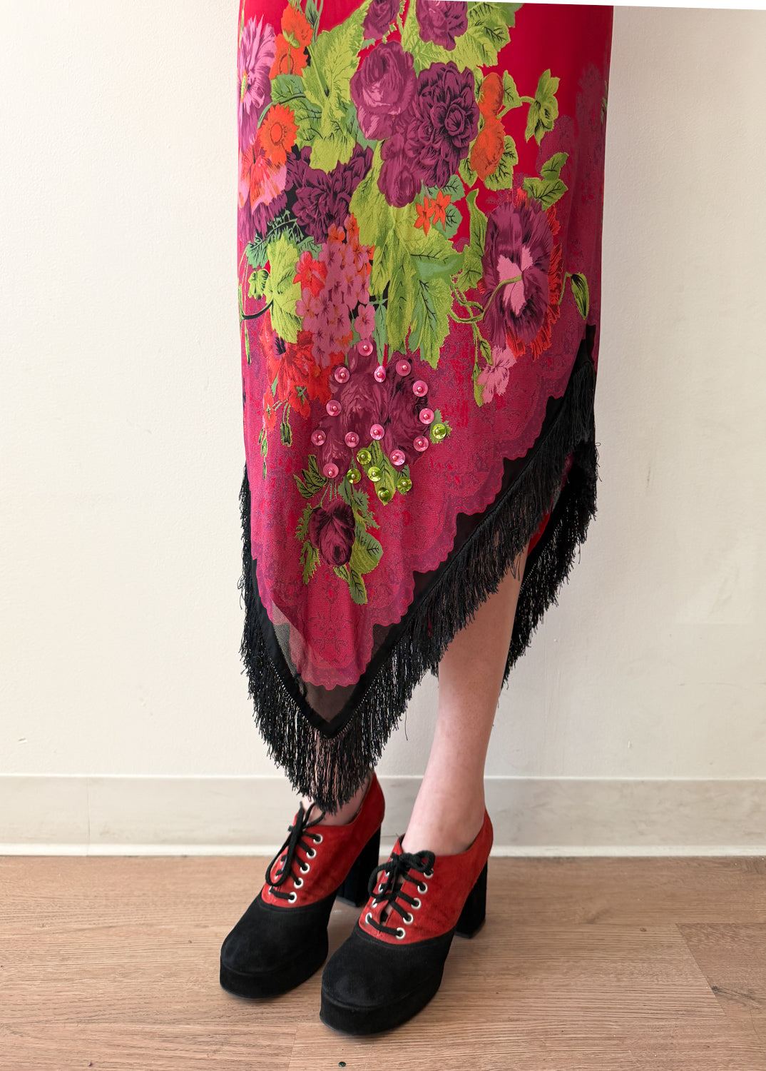 1990s Vintage USA Made Red Floral Beaded Fringe Maxi Gown