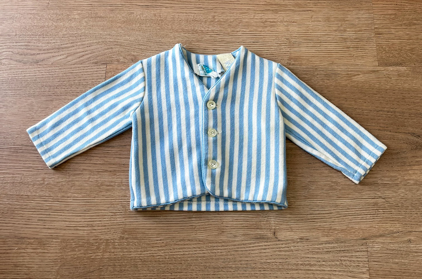 1960s Vintage Toddler Baby Blue & White Vertical Stripe Cotton Cardigan Sweater