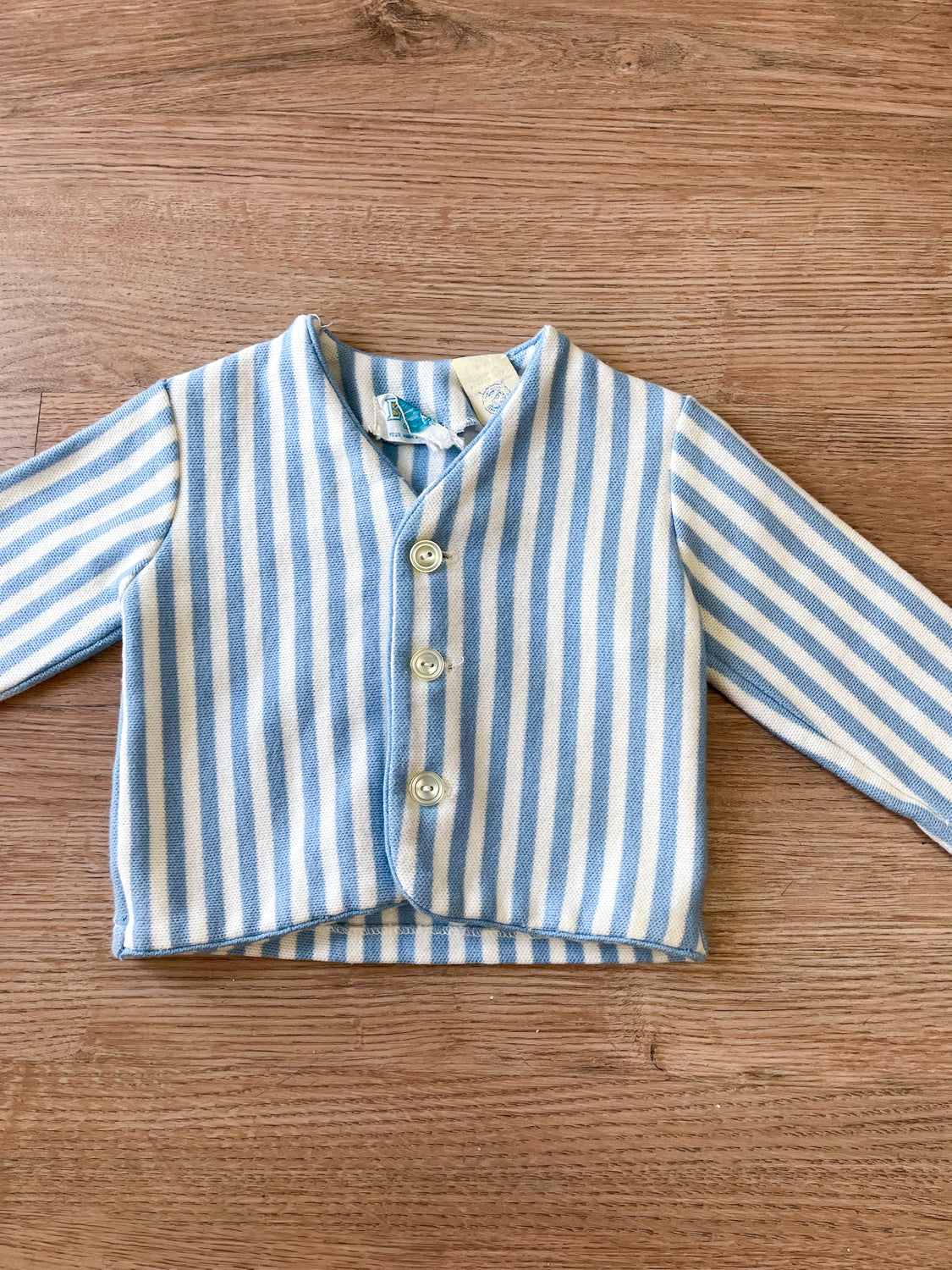 1960s Vintage Toddler Baby Blue & White Vertical Stripe Cotton Cardigan Sweater
