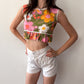 1970s Vintage Bright Floral Ruffled Crop Top