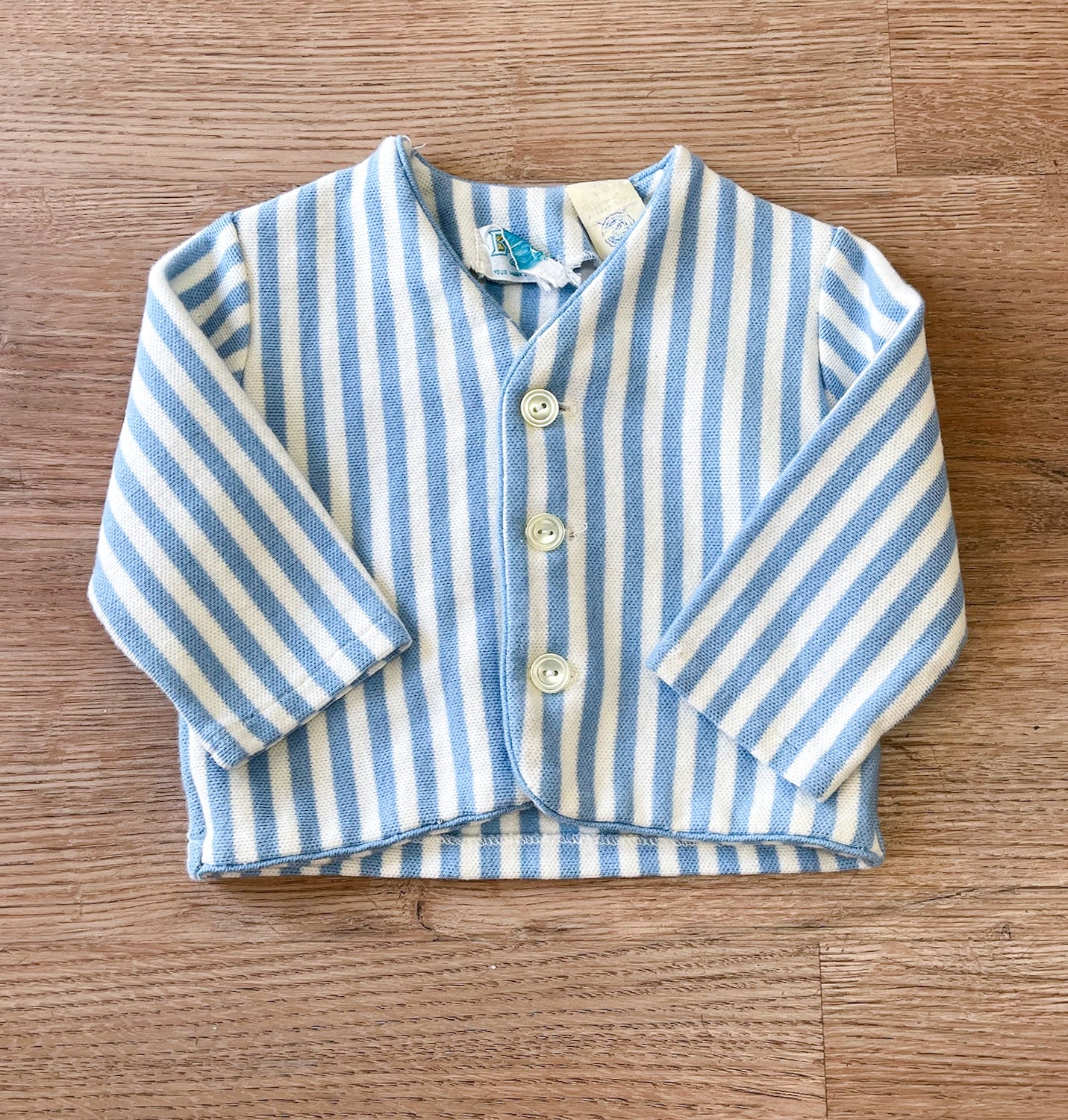 1960s Vintage Toddler Baby Blue & White Vertical Stripe Cotton Cardigan Sweater