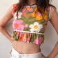 1970s Vintage Bright Floral Ruffled Crop Top