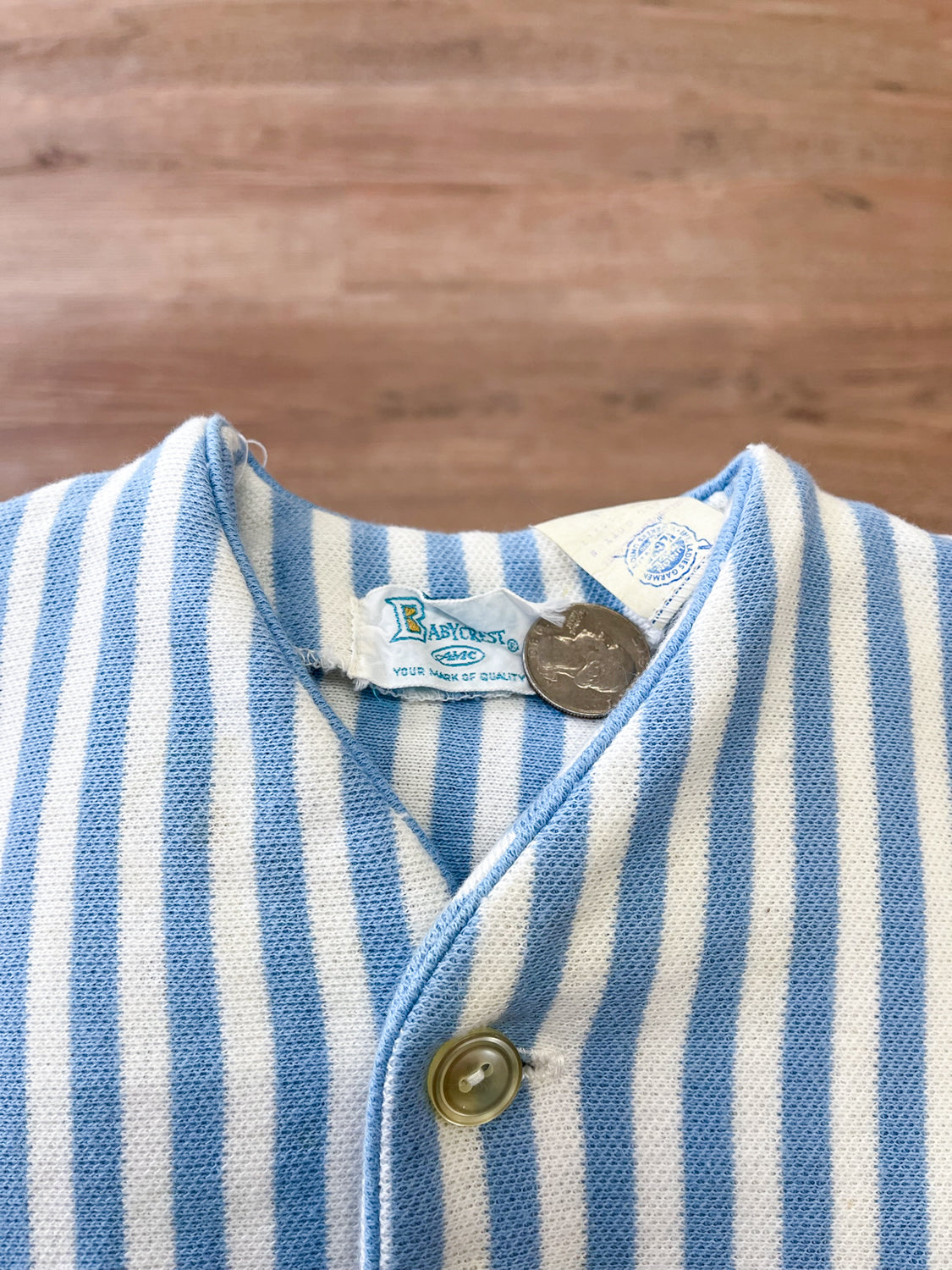 1960s Vintage Toddler Baby Blue & White Vertical Stripe Cotton Cardigan Sweater