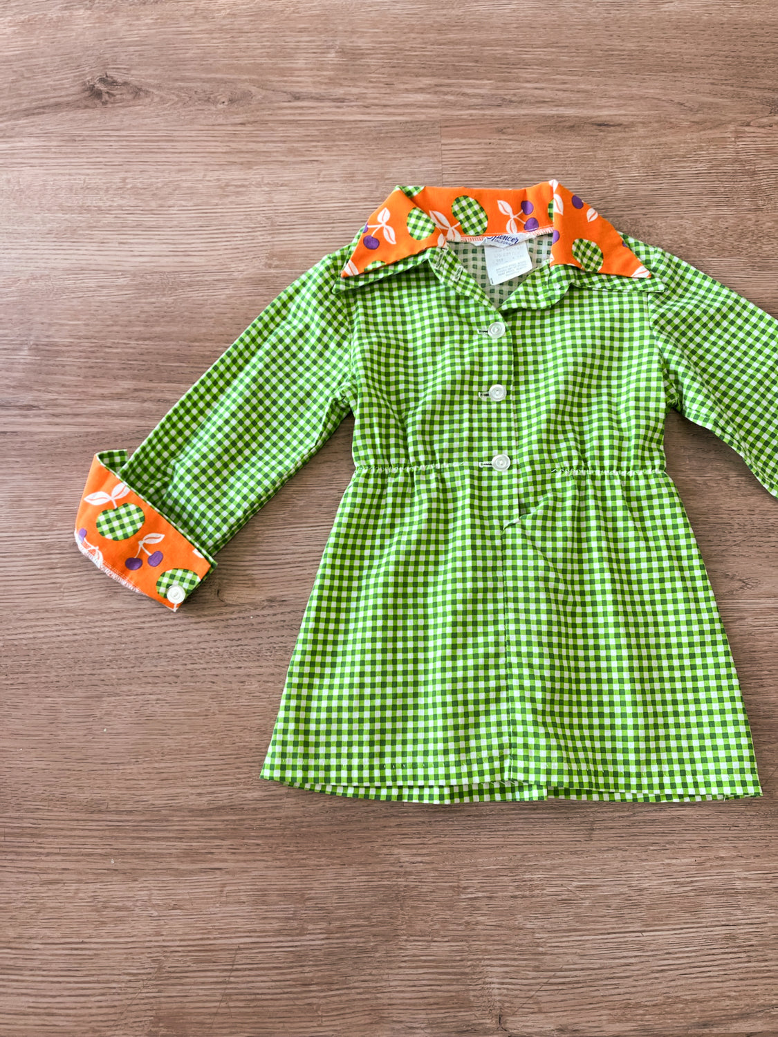 1970s Vintage Green Gingham Mini Dress with Fruit Print Trim Kids Toddler