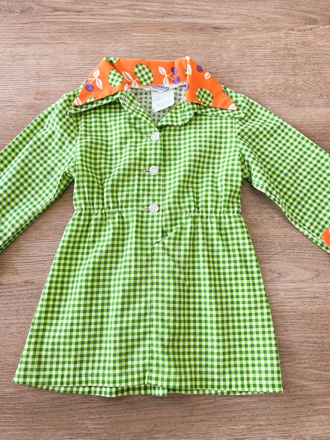 1970s Vintage Green Gingham Mini Dress with Fruit Print Trim Kids Toddler