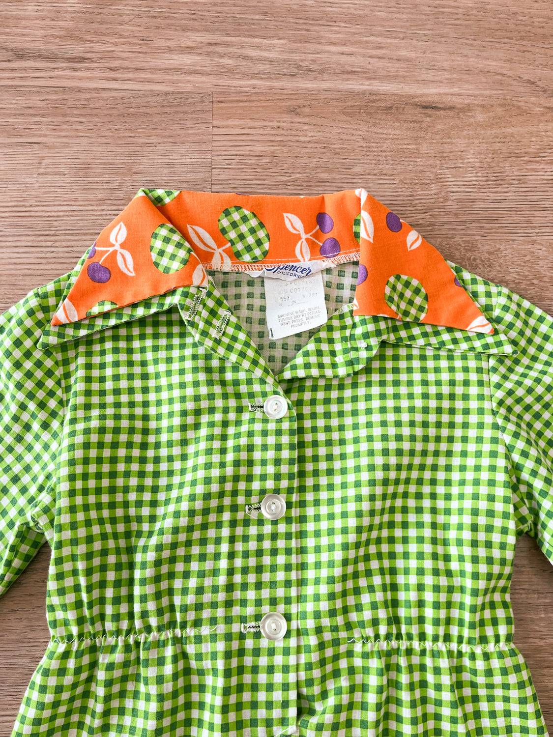 1970s Vintage Green Gingham Mini Dress with Fruit Print Trim Kids Toddler